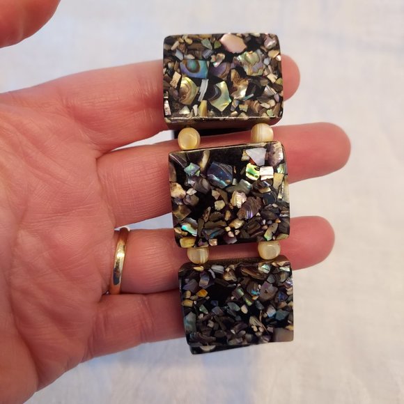 Vintage 1950's mosaic Abalone & mother of peal black block bracelet - Picture 6 of 9